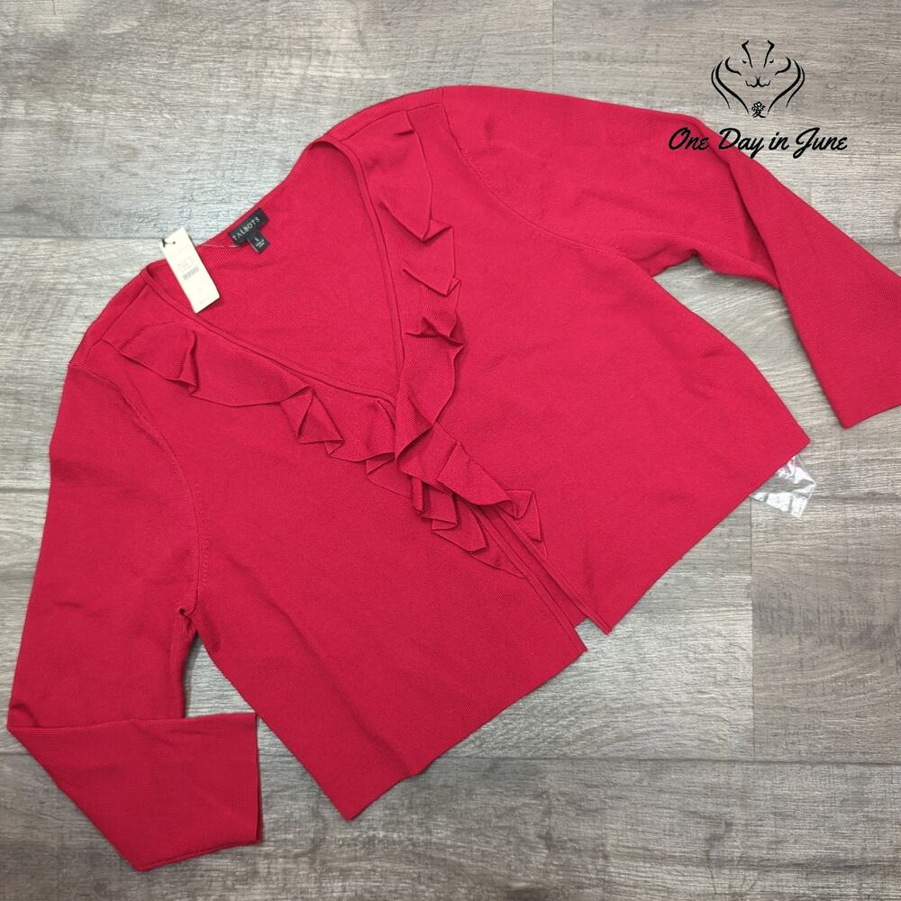 Talbots Ruffle Front Cardigan Sweater Red Long Sleeve NWT Size L